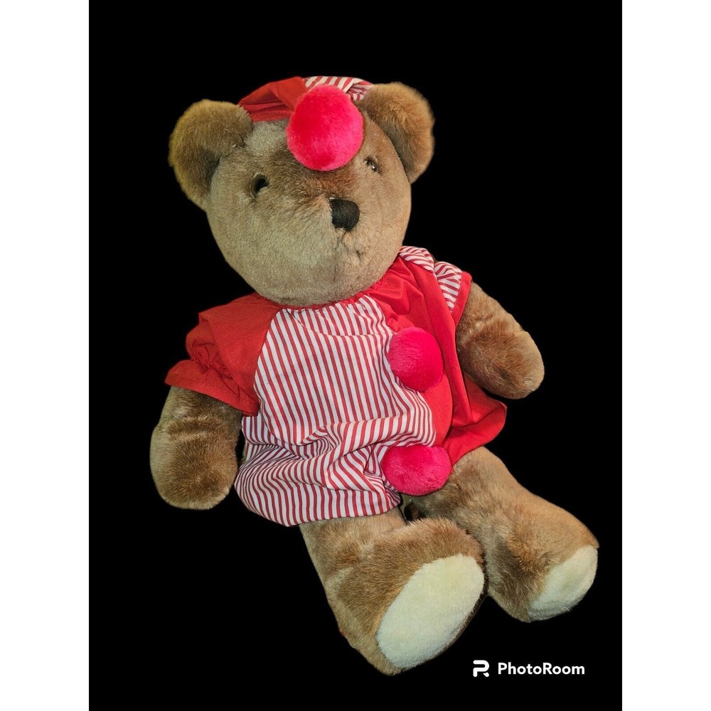 Vintage 1986 Plush Teddy Bear 18" Brown Clown Outfit Red White PJs Stuffed EUC